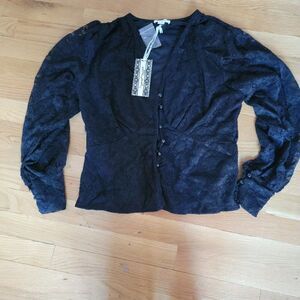 Ultra Pink Women's Black Front Button Long Sleeve Floral Pattern Top Siz…